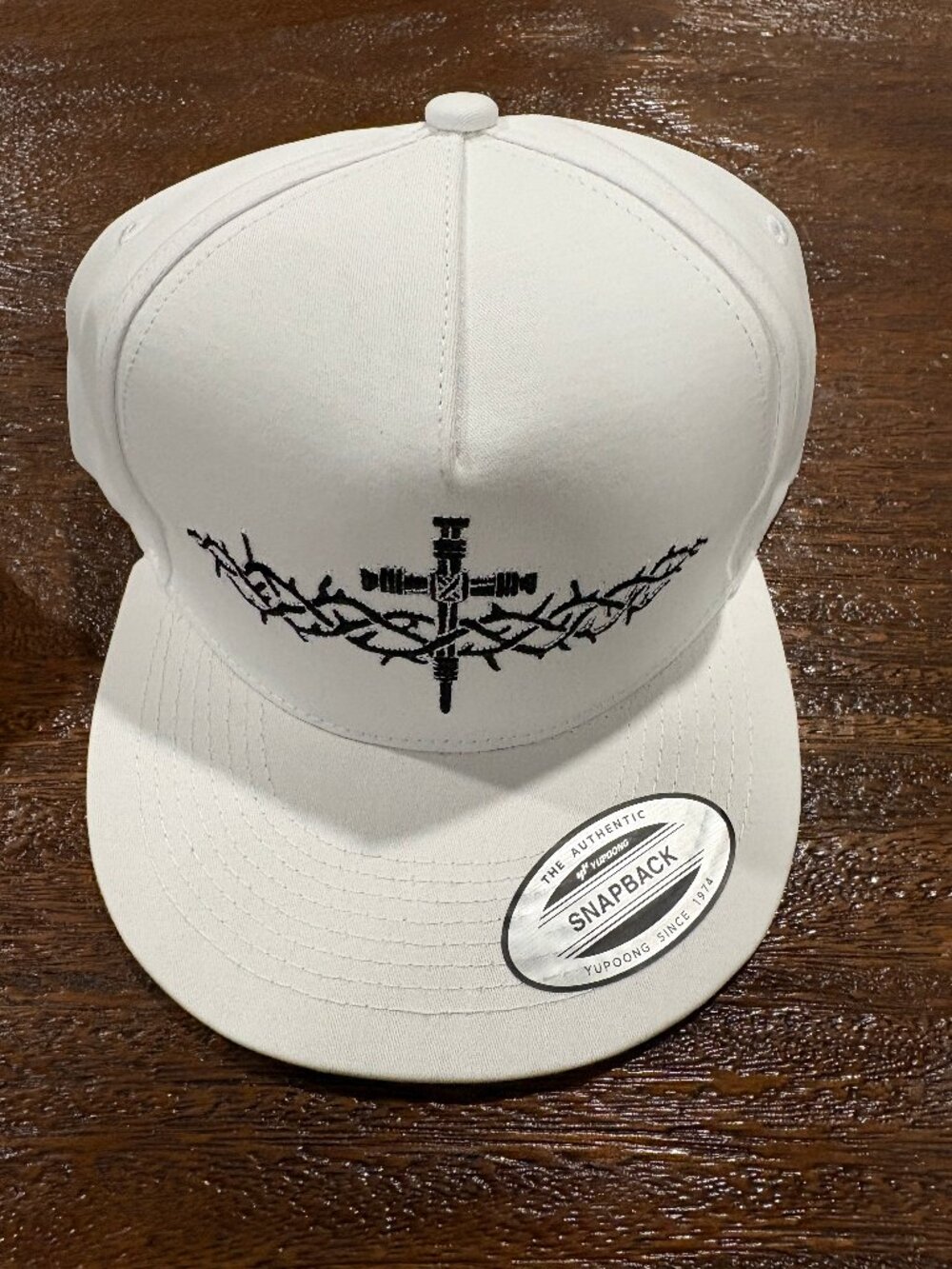 Yupoong Snapback White Crown of Thorns Nail Cross Religious Ball cap hat  NEW